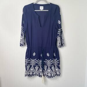 Misa Los Angeles Serene Embroidery Denim Blue Tassel Tunic Dress Boho Coastal S